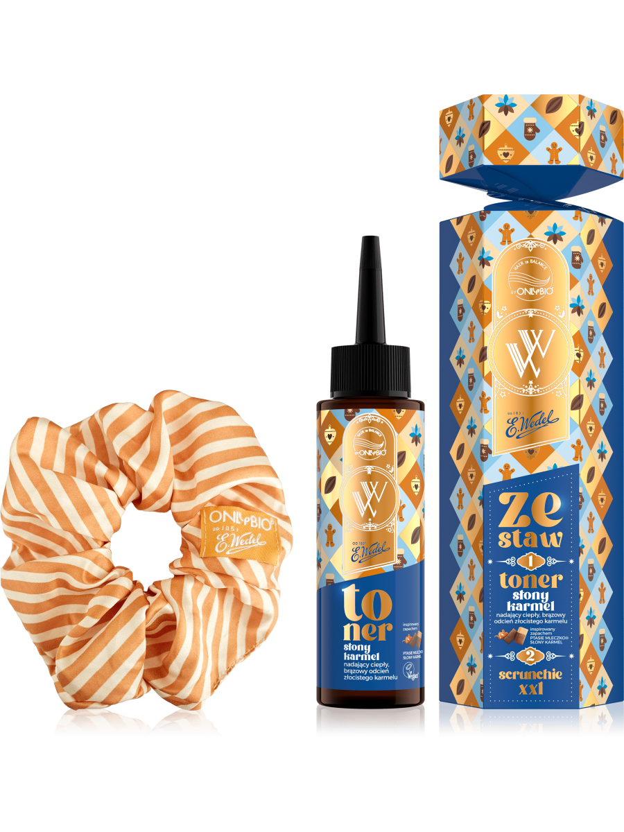 OnlyBio x Wedel Hair in Balance Zestaw świąteczny Toner + Scrunchie XXL Ptasie Mleczko Słony Karmel